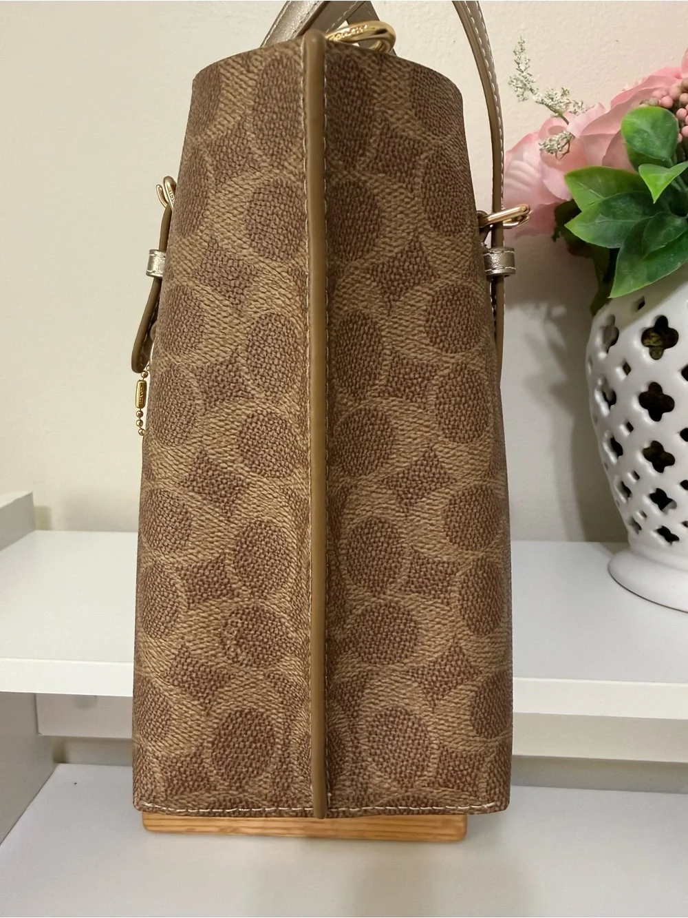 Coach Brown Signature Satchel With Lt Champagne Straps  and Bottom